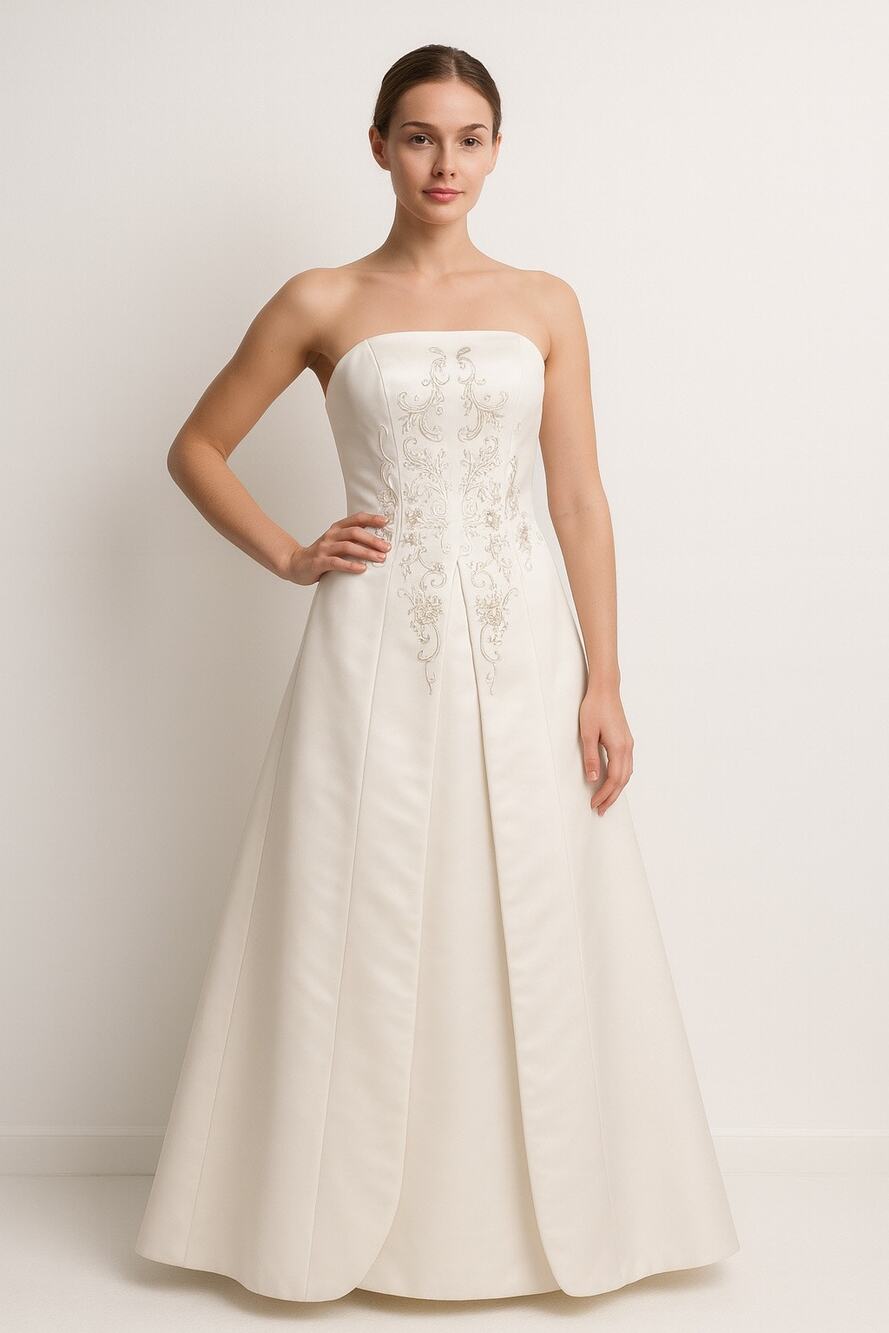 1990s Jessica McClintock Ivory Embroidered Strapless Formal Gown USA made XS